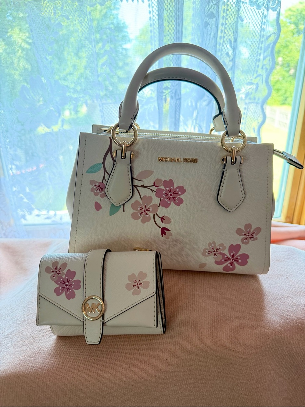 Michael Kors White Floral Saffiano Leather Satchel with Matching Wallet